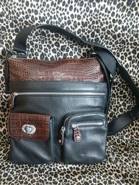 Brighton Black and Brown Croc-Accent Pebbled Leather Crossbody